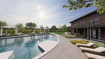 Curved swimming pool with cabanas and contemporary clubhouse
